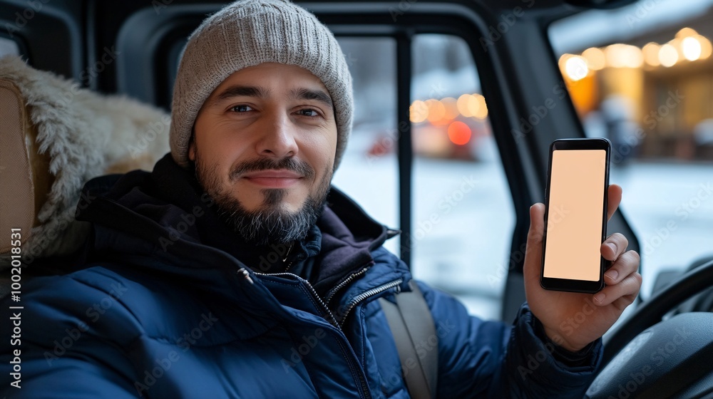 Poster driver taking a selfie with the smartphone in one hand and the other hand loosely gripping the steer