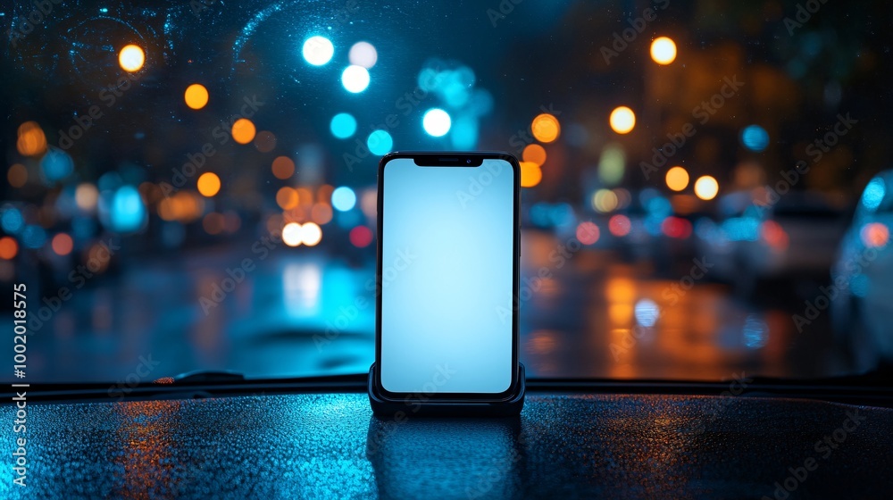 Aufkleber Smartphone placed on the dashboard holder with the driver leaning forward to read notifications creating a sense of dangerous focus Large space for text in center Stock Photo with copy space