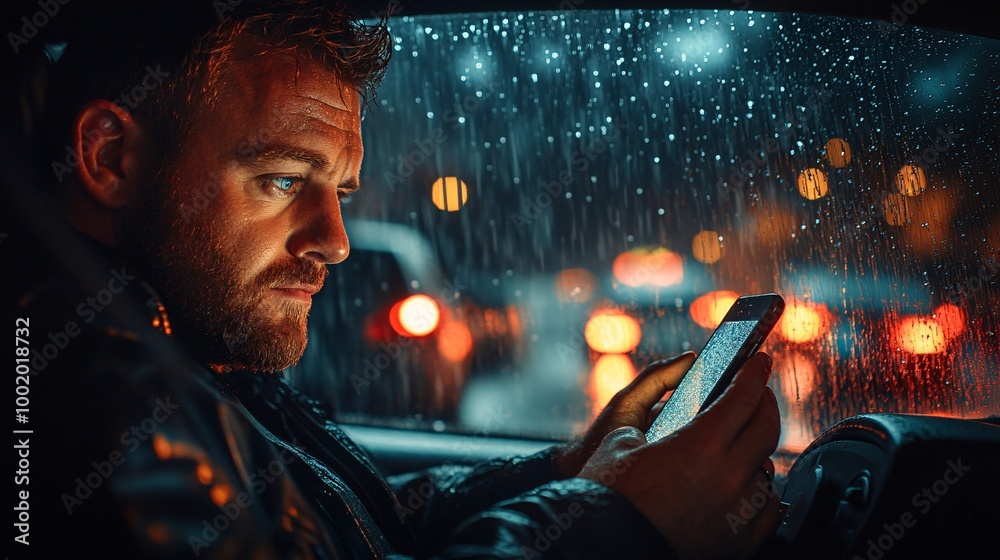 Poster Driver staring at a smartphone screen in the passenger seat while driving on a dark rainy night creating a risky scenario Large space for text in center Stock Photo with copy space