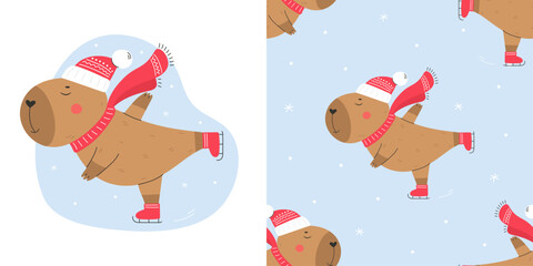 Seamless vector pattern with ice skating capybara