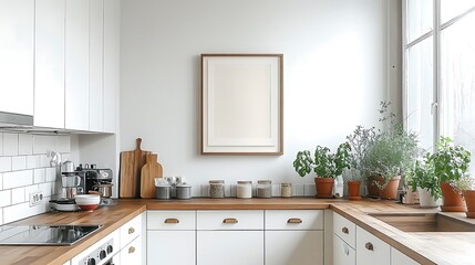 A farmhouse-style kitchen with a framed artwork hanging on the wall, wooden countertops, white cabinets, natural light streaming in from a large window, potted plants adding greenery,