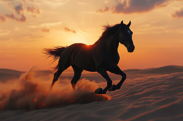 A black horse with a flowing mane galloping through the desert