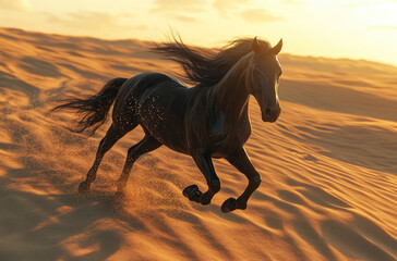 A black horse with a flowing mane galloping through the desert