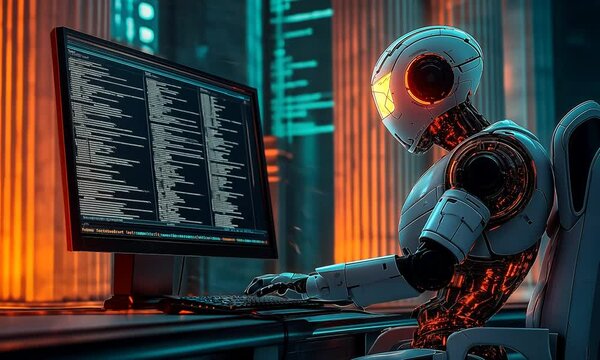 Glowing Robot Writing Code in a Bank