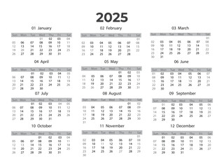 2025 Landscape Black and White Calendar. 2025 Horizontal Black and White Calendar Template. 