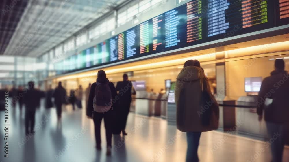 Poster Passengers walking through a busy airport terminal are looking at the flight information board to check their flight status