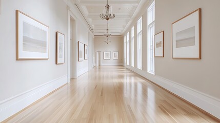 Fototapeta premium A long, elegant hallway with framed artwork displayed on the walls, sleek wooden floors reflecting soft ambient light, high ceilings with classic chandeliers,