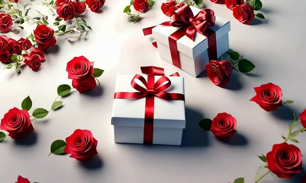 Paquets cadeaux blancs avec un n&oelig;ud rouge en bolduc, entour&eacute;s de roses rouges sur fond blanc,  c&eacute;l&eacute;brations romantiques comme la Saint-Valentin ou un mariage