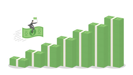 A businessman holds a green flag and riding on a banknote forward to money stacks bar chart up, business progress, financial success, target goal in a growing economy with investment and leadership