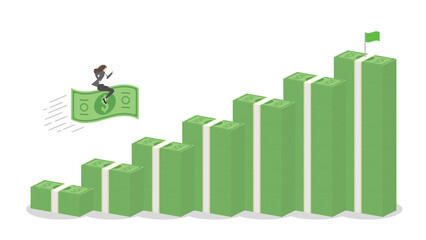 A businesswoman riding on a banknote forward to money stack bar chart rising, business progress, financial success, and goal achievement in a growing economy with strategic investment and leadership