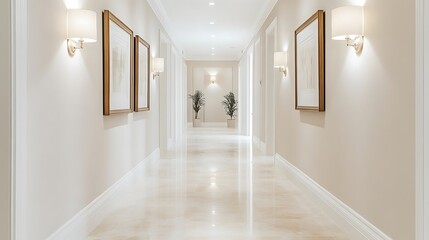 Obraz premium A luxurious hallway with framed classical artwork, polished marble floors, soft ambient lighting from sconces along the walls, and tall ceilings, creating an elegant and timeless atmosphere.