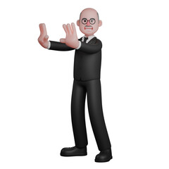 Professional Male Judge. A male judge is seen standing with both hands raised straight and parallel while showing his palms, as if giving a prohibition signal. 3D Judiciary Illustration