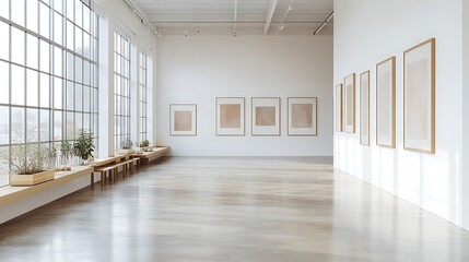 Fototapeta premium A minimalist art gallery with a gallery wall display of framed posters, polished concrete floors reflecting the neutral lighting, white walls and high ceilings creating an open, spacious,
