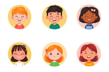 Fototapeta premium Happy kids avatars. Cute children smiling, boy girl in rounds set. Illustration girl and boy avatar, happy kids, child happiness