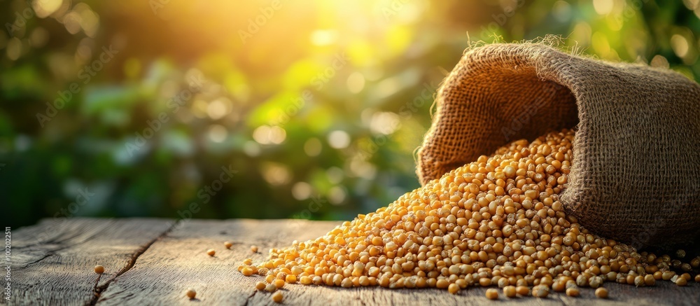 Sticker A burlap sack spills golden soybean seeds onto a wooden table with a green, sunlit background.