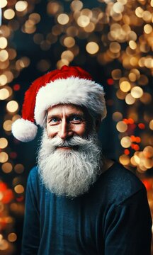 zoom et plan rapproch&eacute; sur un hipster &agrave; barbe blanche avec un bonnet de p&egrave;re no&euml;l, sur un fond paillet&eacute; bleu fonc&eacute;, esprit festif du r&eacute;veillon de no&euml;l, 