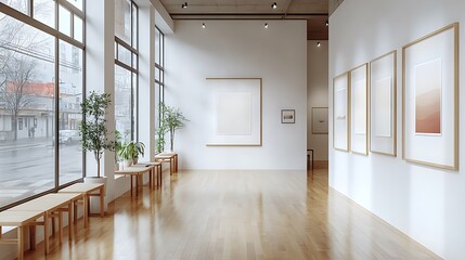 A modern art gallery with a series of framed posters hung on pristine white walls, polished wooden floors reflecting soft ambient lighting, clean and simple decor,