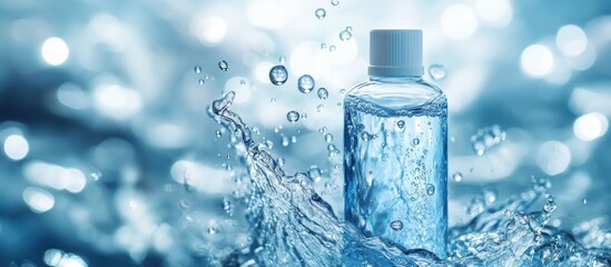 A clear glass bottle with a white cap is partially submerged in water, with splashes and droplets around it. The background is a bokeh effect of blue and white.