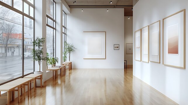 A modern art gallery with a series of framed posters hung on pristine white walls, polished wooden floors reflecting soft ambient lighting, clean and simple decor,
