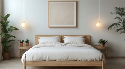 A modern bedroom with a framed painting above the bed, surrounded by soft textiles, warm lighting from bedside lamps, potted plants on nightstands, and a minimalist design,