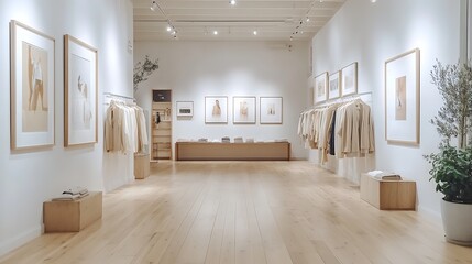 Fototapeta premium A modern boutique store with framed fashion art on the walls, polished wooden floors, clothing displayed on sleek racks, soft lighting from overhead fixtures, and a cozy fitting area,