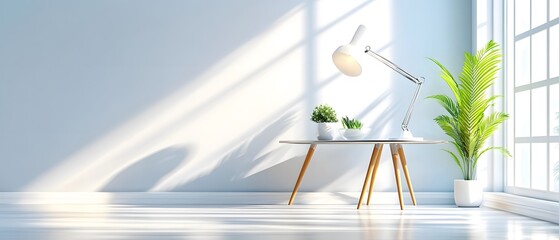 Minimalist Living Room Interior with Desk Lamp, Plants, and a Window.