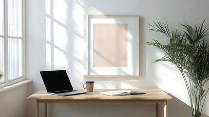 Fototapeta premium A modern desk with a framed artwork standing beside an open laptop and a cup of coffee, natural sunlight from a nearby window, neutral tones,
