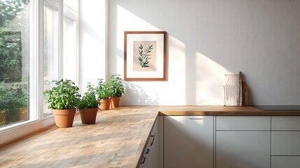 A modern farmhouse kitchen with wooden countertops, white cabinetry, a framed picture on the wall, potted herbs on the counter, sunlight streaming through large windows,