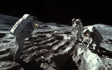 Naklejka premium Astronauts in spacesuits explore the lunar surface, collecting samples and conducting research. The stark landscape of the moon is visible in the background.