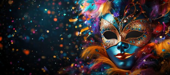 Mardi Gras Carnival Celebration with Colorful Confetti and Elegant Mask on Dark Background - Banner Design Template