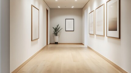 A modern hallway with sleek wooden floors, framed contemporary art on the walls, soft lighting from recessed ceiling lights, minimalist design, and a clean, sophisticated ambiance.