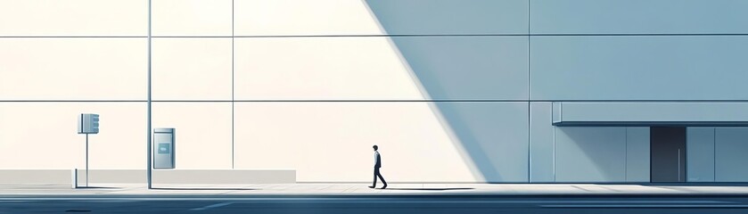 Minimalist cityscape with a lone figure walking in front of a modern building.