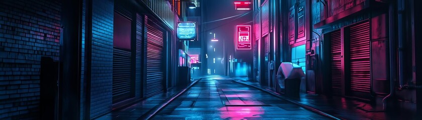 Neon signs illuminate a narrow, empty city alley.