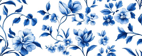 Fototapeta premium A vibrant floral pattern featuring blue flowers and leaves on a white background, ideal for textiles or decorative design.
