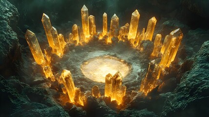 Fototapeta premium A circular formation of glowing crystals in a cavern, pulsing with magical energy