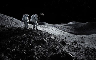 Fototapeta premium Two astronauts walk on the lunar surface under a starry sky, leaving a flag behind them.