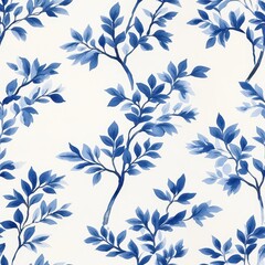 Fototapeta premium A serene blue and white botanical print featuring delicate branches and leaves, perfect for home decor and textile design.