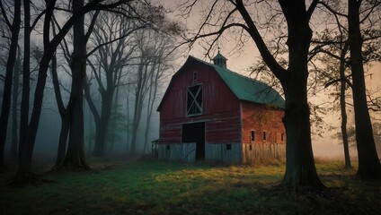 Obraz premium Rural barn with tall trees in a foggy setting during early morning or sunset
