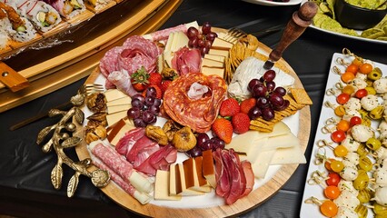 Cheese platter and bite size foods including sushi bar decorated on a table for a party