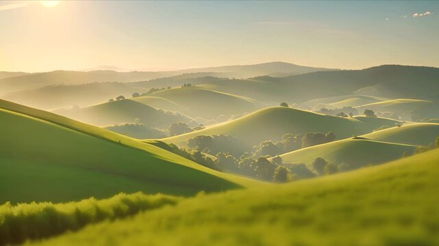 Lucious Hills And Valleys In The Sunlight Beautiful Art Style