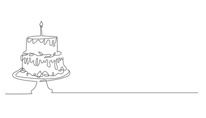 continuous line drawing of birthday cake.one line drawing of birthday cake with coasters and candles.isolated white background