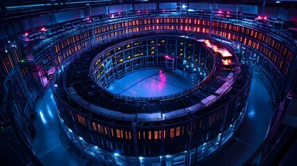 Obraz premium A circular server farm, with rows of computers connected in an intricate network