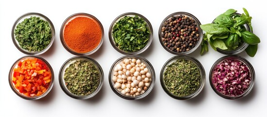 A collection of eight small glass bowls with various spices and herbs, arranged in a row against a white background.