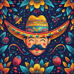 Cinco de Mayo Fiesta: Festive Garland, Flags, Sombrero, Mustache, and Maracas on Black Horizontal Banner with Vector Illustration for Promotion