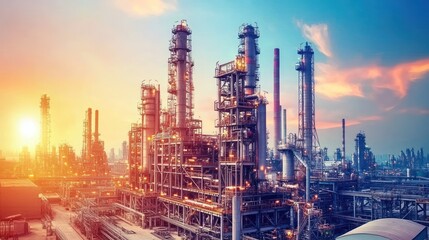 Fototapeta premium A vibrant industrial scene featuring oil refineries at sunset.
