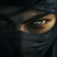 Naklejka premium Close-up of a ninja’s eyes peeking out from behind a mask, focus on the intensity and determination in the eyes, soft moonlight illuminating the face, dark and suspenseful mood