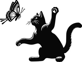 silhouette vector illustration of a playful cat chasing a butterfly 