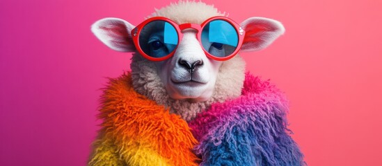 A cute sheep wearing red sunglasses and a rainbow colored fur coat against a pink background.