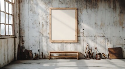 A rustic barn with a large wooden frame hanging on a weathered wall, soft sunlight pouring in through cracks in the wood, old farm tools resting nearby, and a warm, nostalgic rural atmosphere.