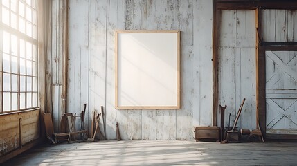 A rustic barn with a large wooden frame hanging on a weathered wall, soft sunlight pouring in through cracks in the wood, old farm tools resting nearby, and a warm, nostalgic rural atmosphere.